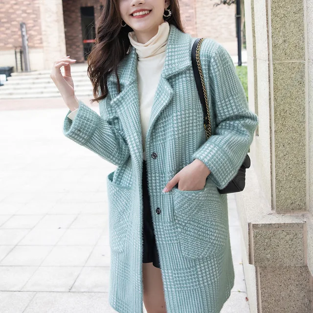 Imitation Mink Velvet Plaid Coat women's Windbreaker Warm Wind-resistant Comfortable Woolen Coat
