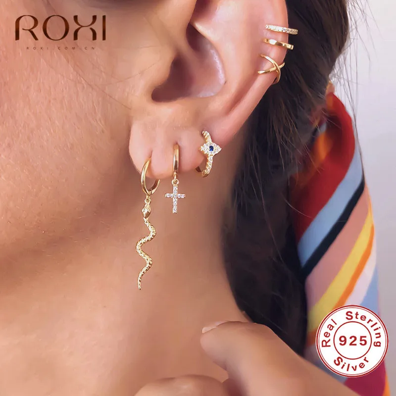 ROXI, серьги в стиле панк со змеей, 925 пробы, серебряные, с подвеской в виде змеи, серьги-гвоздики для женщин, животный альпинист, ювелирное изделие для ушей