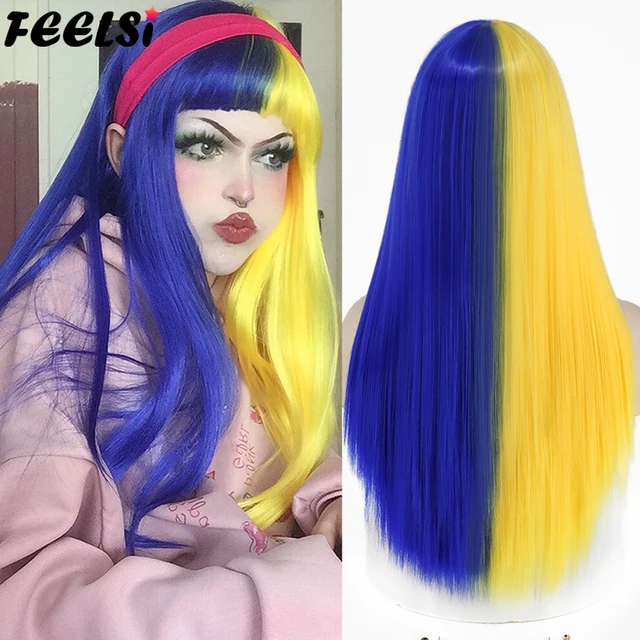 Feelsi Halloween Cosplay Half Blue Half Yellow Synthetic Wigs With Bangs For Women Green Red Black Blonde Purple Lolita Wig Synthetic Wigs For Black Aliexpress