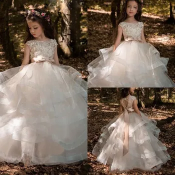

Flower Girls Dresses Ivory White Organza Beaded Lace Top Tiered Gown Kids Pageant Party Gown Comunion Dress