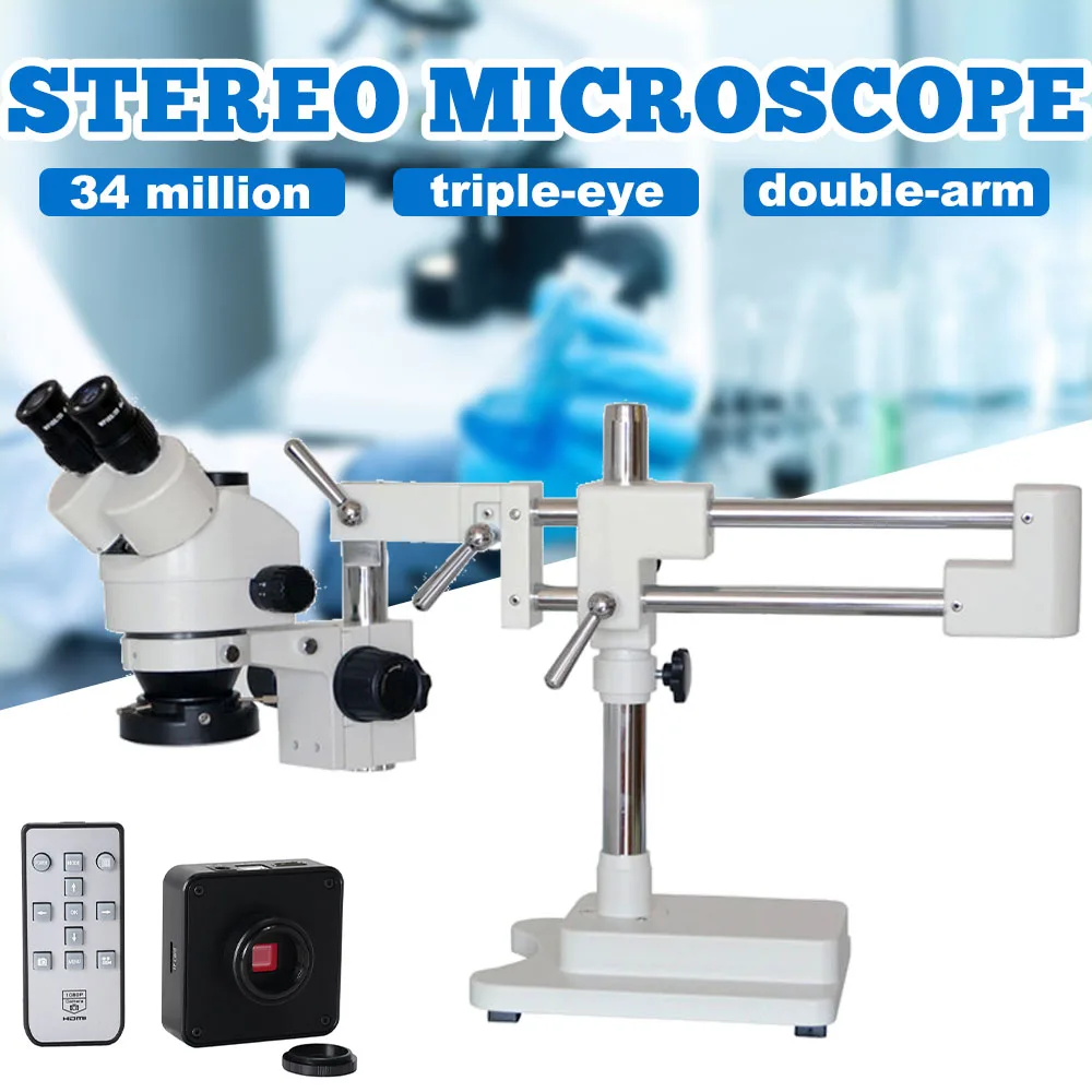 

3.5X 7X 45X 90X Double Boom Stand Zoom Simul Focal Trinocular Stereo Microscope+34MP Camera Microscope For Industrial PCB Repair