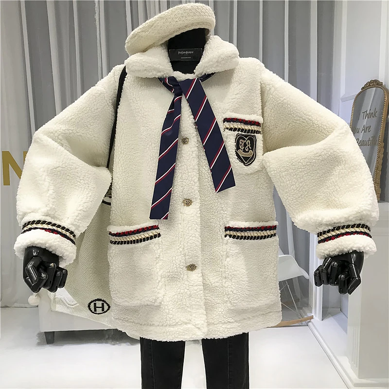 

Preppy Style fleece womens jackets and coats Turn-down Collar Single Breasted Wide-waisted thick warm abrigos mujer invierno