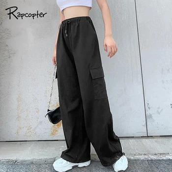 

Rapcopter Drawstring Pants High Waist Trousers Casual Pockets Full Length Sportwear Loose Female Pant 90S Sporty Black Gym Pants