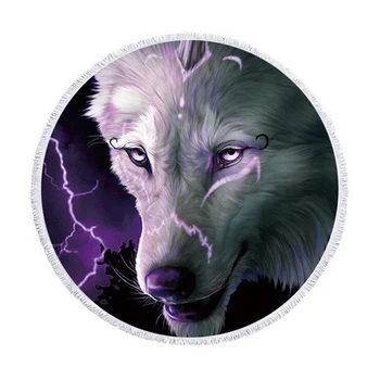 

New Wolf Round Beach Towel With Backpack Bag Tribal Bath Towel Tassels 3D Wild Animal Beach Mat