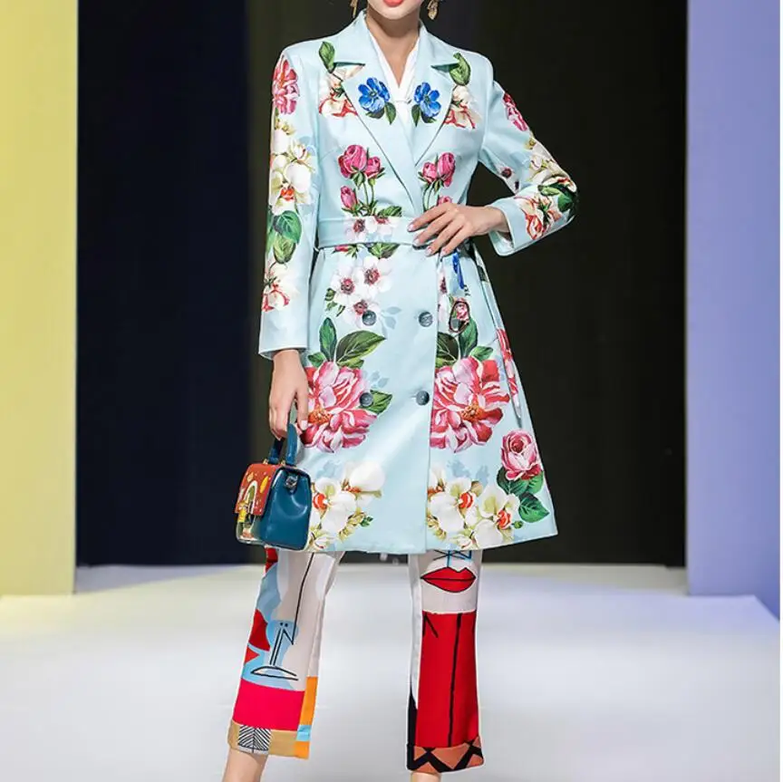 

2021 Designer Summer Floral print Vintage Coat Outwear Women Long sleeve Belt Single Breasted Casual Overcoat