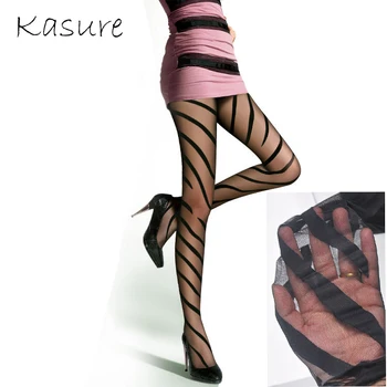 

KASURE Women's Sexy Stripe Pattern Tights Transparent Mesh Nylon Pantyhose Jacquard Printed Tattoo Female Tights