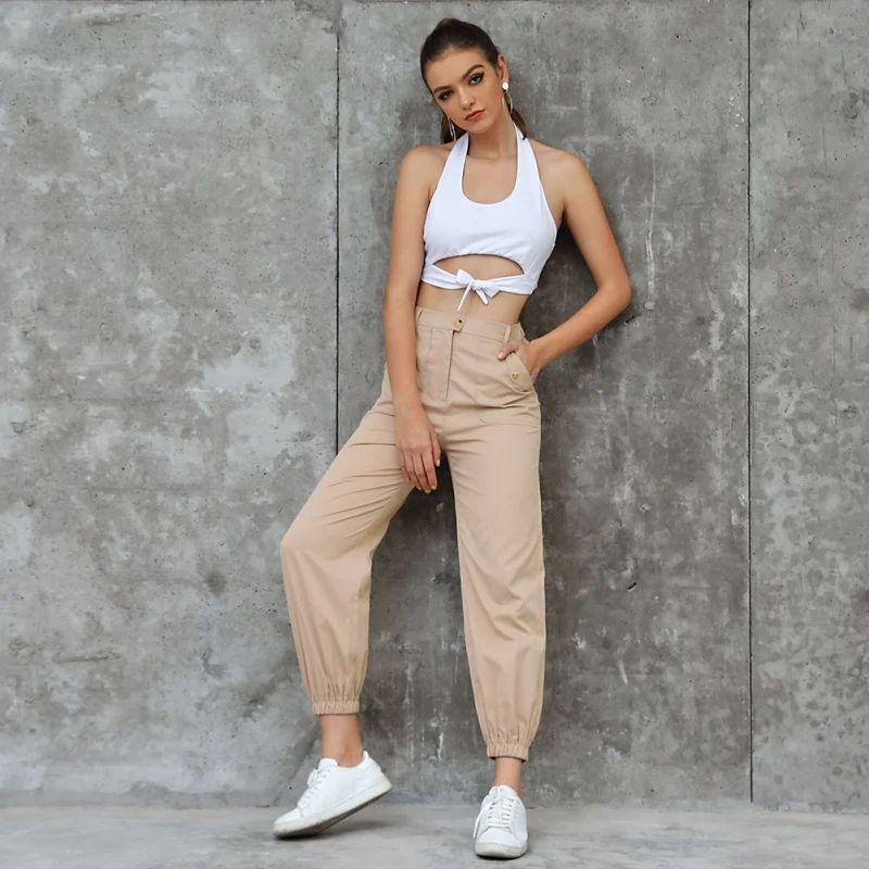 

2019 Fashion Women Solid Color High Waist Camo Pants Female Streetwear Pockets Loose Casual Trousers pantalones de mujer
