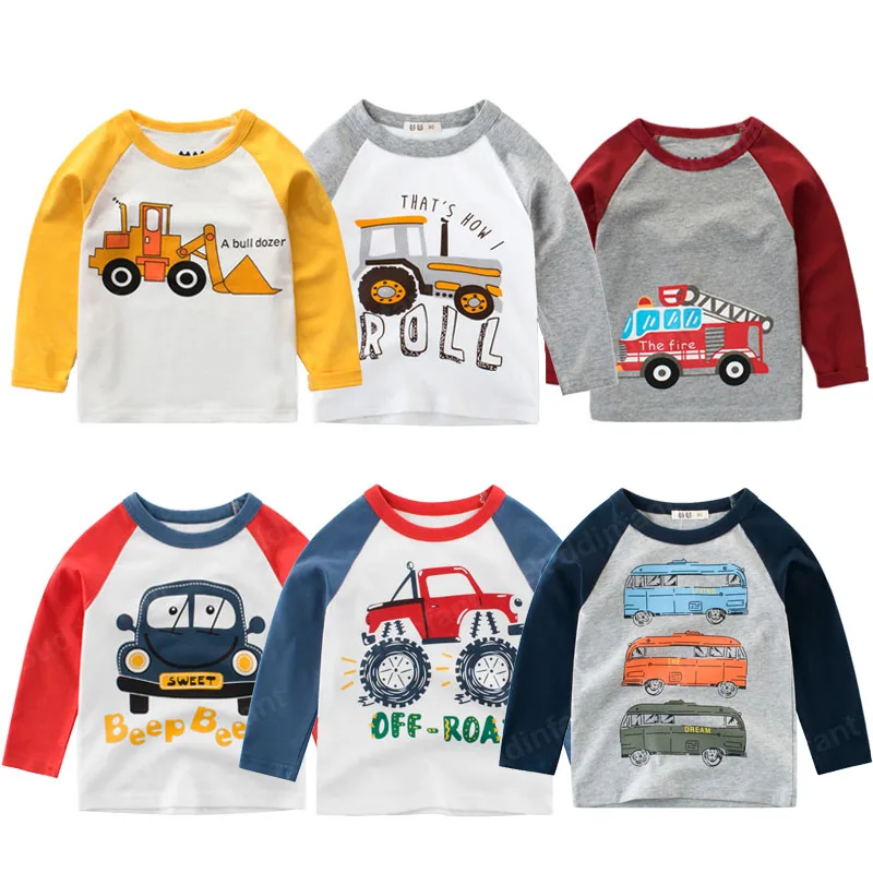 Kids Boys T-shirts Baby Long Sleeve Excavator Tops Children Spring Cotton Clothing 5/6/8 Years Boy Toddler T Shirts Bus Car