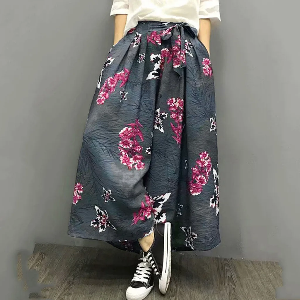 

2019 New Casual Womens Loose Pants Floral Printed Palazzo Pants High Waist Lace Up Wide Leg Casual Female Long Trousers Hot Sale