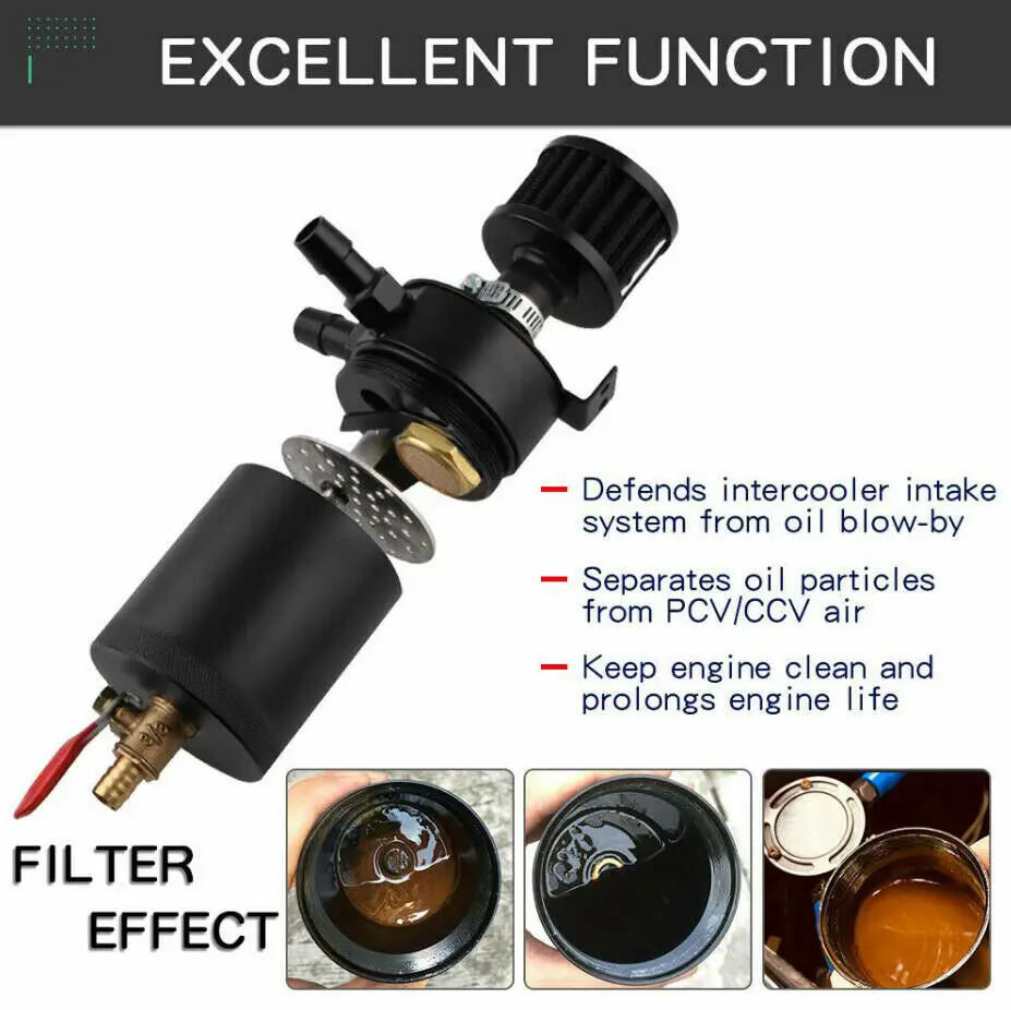 Details about   Black 2-Port Aluminum Baffled Oil Catch Can Tank w/Drain Valve&Breather Filter 