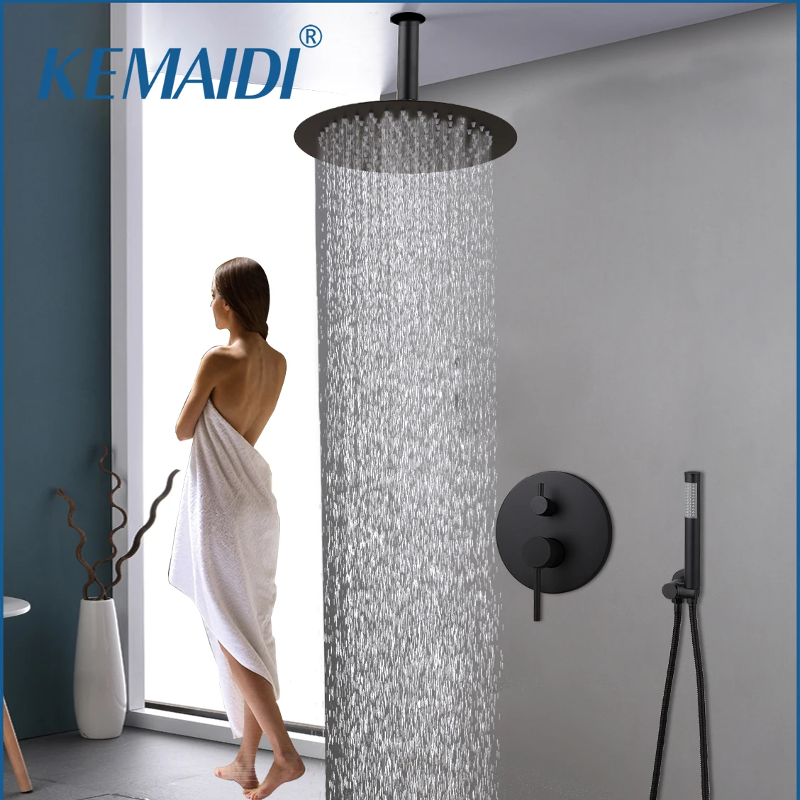 

Матовый черный круглый дождевой смеситель KEMAIDI для душа в ванную комнату, набор потолочных дождевых смесителей для душа, смеситель горячей и холодной воды