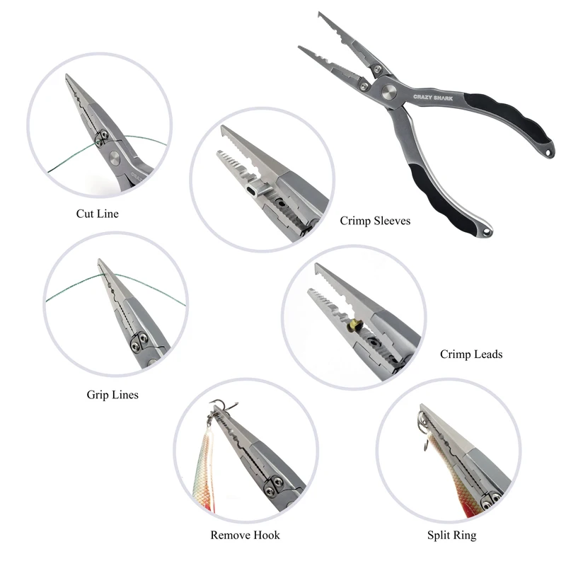 Crazy Shark 7in Aluminum Fishing Pliers Split Ring Cutter Carp Crimping Lead Fish Holder Tackle Hook Remover Goods For Fishing