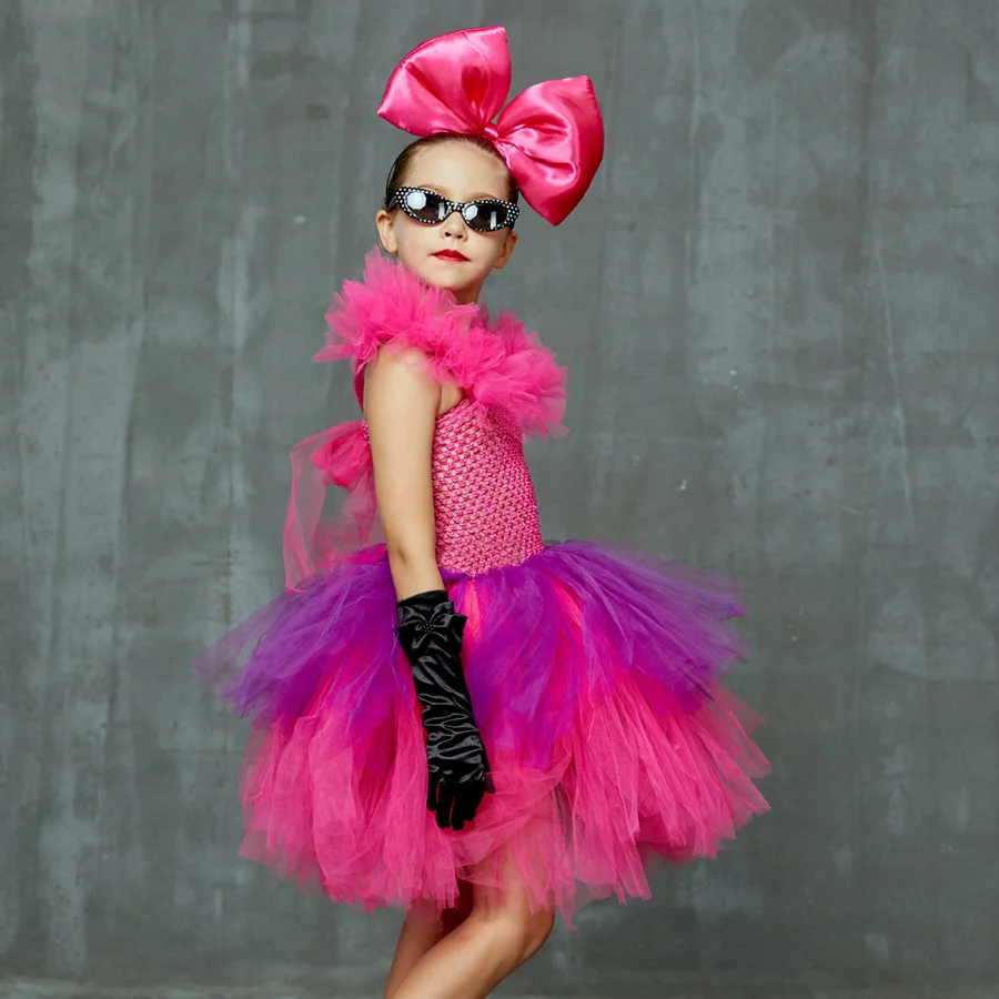 Kids Punk Rock Tutu Dress with Big Bows and Glasses Baby Girls Rockers Queen Halloween Costume Handmade Kids Tiered Party Dress (6)