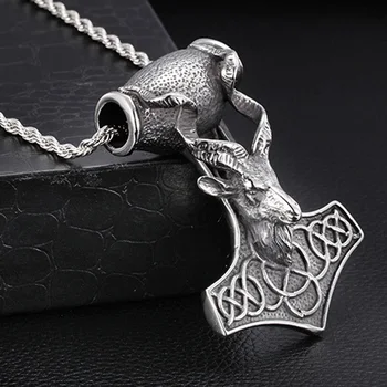 

109g Heavy Huge Silver Color Stainless Steel Sheep Head Thor Hammer Pendant Necklace Jewelry For Strong Men's