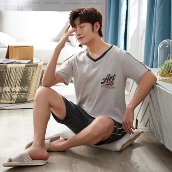 

Short Sleeved Men's Pajamas Set Summer Pajama Man Pyjama Homme 100% Cotton Male Sleepwear Suit Homewear Pijama XXXL