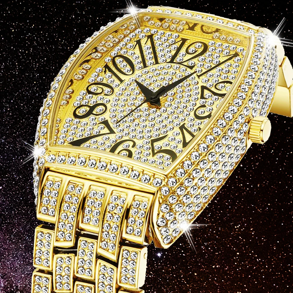 

Unique Tonneau Iced Out Watch Men Hip Hop Luxury Full Bling Diamond Watches Mens 2020 18K Gold Stainless Steel Quartz Wristwatch