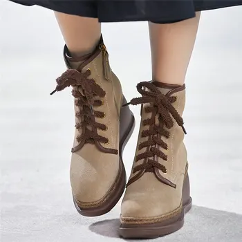 

2020 Creepers Women Lace Up Genuine Leather Wedges High Heel Ankle Boots Female High Top Round Toe Platform Pumps Casual Shoes