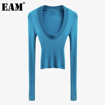 

[EAM] Blue Slim Knitting Sweater Loose Fit Round Neck Long Sleeve Women Pullovers New Fashion Tide Autumn Winter 2020 1DA690