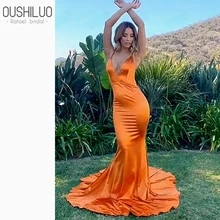 С открытой спиной облегающее платье с открытой спиной для выпускного оранжевая длинная русалка вечерние платье для Для женщин сексуальная Sapghetti ремни Slim Fit Bodycon платья