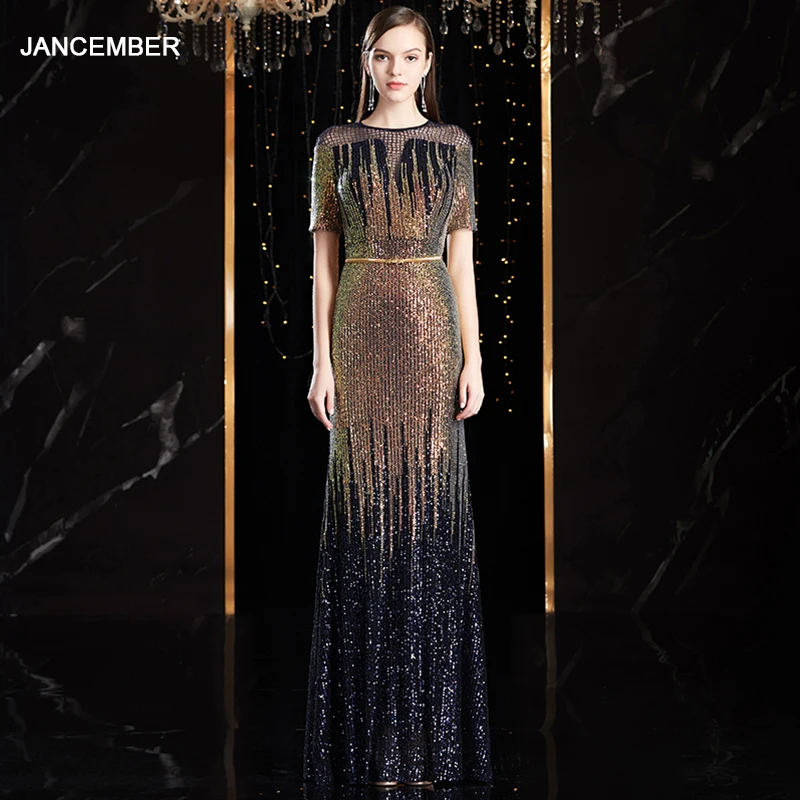 

J9008 jancember long evening gowns with sleeves a line o-neck sequined beading blue homecoming dresses платье в пол вечернее