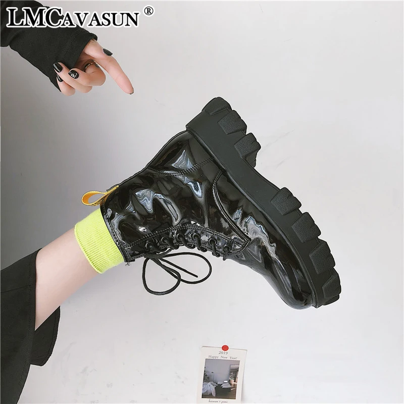

LMCAVASUN PU Ankle Boots Round toe Women Boots Lace Up platform boots Woman botas mujer Martin motorcycle boot