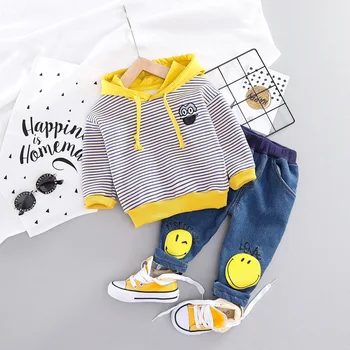 

Casual Baby Girl Boy Warm Clothing Set For Toddler Kids Suit stripe Hooded Plus velvet Autumn Spring Children Outfit