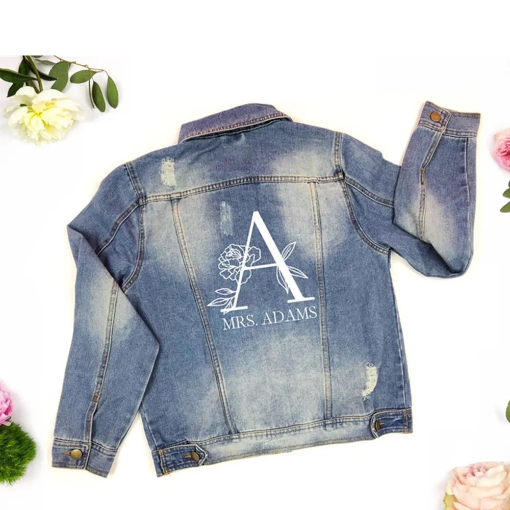 

custom painted initial distressed jean jacket personalized floral bridal party Vintage Denim Jacket wedding jacket birthday gift