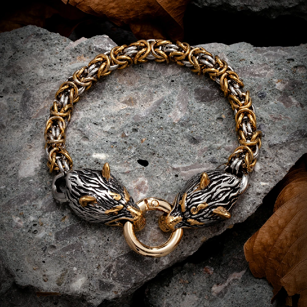 Stainless Steel Nordic Celtic Wolf Head Bracelets Gold Color Never Fade  Vikings Biker Bangles Gold King Chain Amulet Men Jewelry