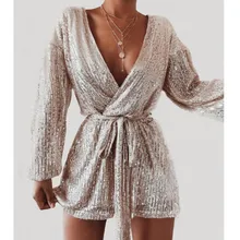 Модный женский Блестящий Комбинезон с блестками, элегантный комбинезон с длинными рукавами и v-образным вырезом, официальный клубный короткий комбинезон, комбинезоны