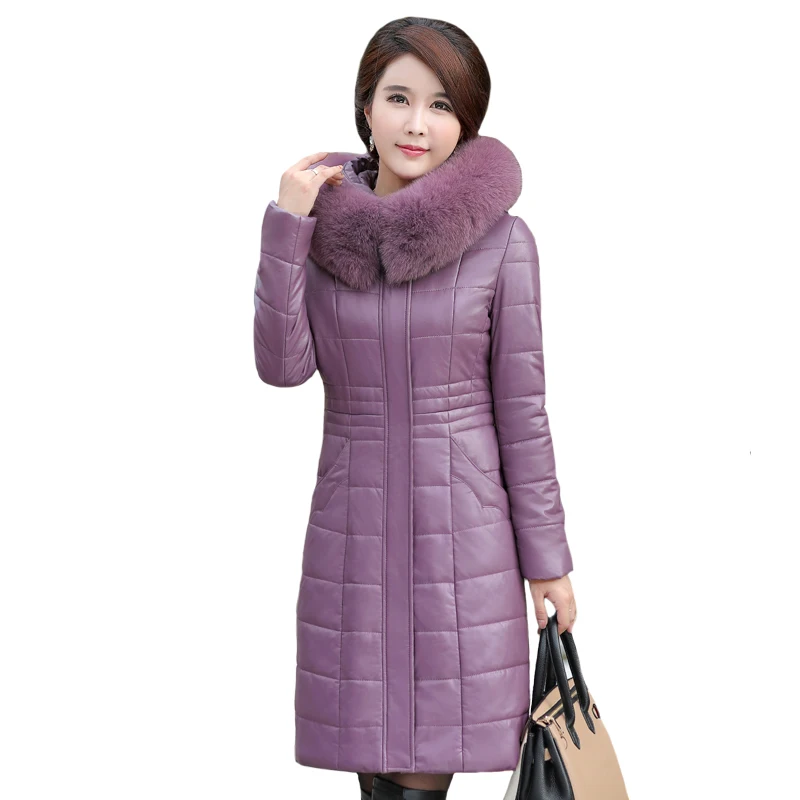 

2019 Winter Leather Jacket Women Sheepskin Coat Hooded Plus Size 8XL Long Parkas Female Thick Warm Long Leather Parka Fur Collar