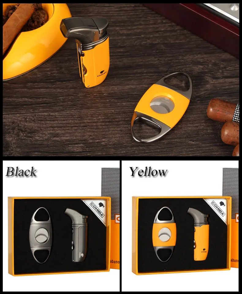COHIBA зажигалка для сигар набор аксессуаров металлическая зажигалка с горелкой газ-бутан ветрозащищенная зажигалка Металл острый сиггар резак