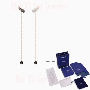 

Fashion SWA New NAUGHTY Pierced Earrings Rose Gold Delicate Black And White Feather Shape Crystal Female Trend Romantic Gift