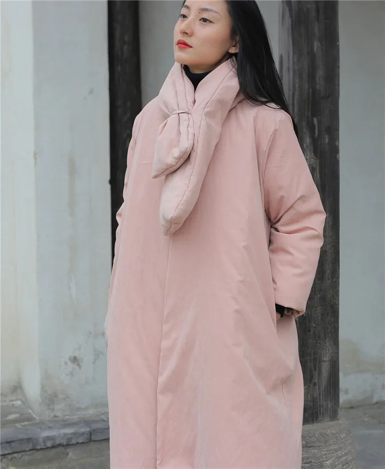 Johnature Women Chinese Style Parkas Solid Color Long Sleeve Winter New V-Neck Button Loose Women Cloths Vintage Parkas