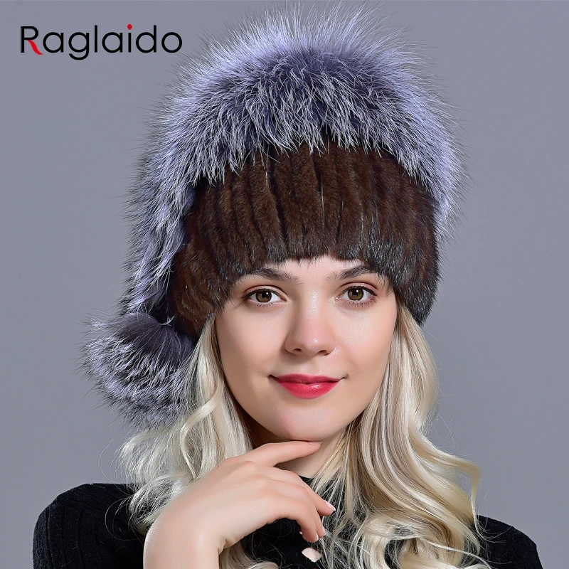 Raglaido женская шапка зимняя модная норка меховые шапки вязаный природный натуральный мех лисий помпон теплая шапка пушистая стильная уличные шляпы для девочек