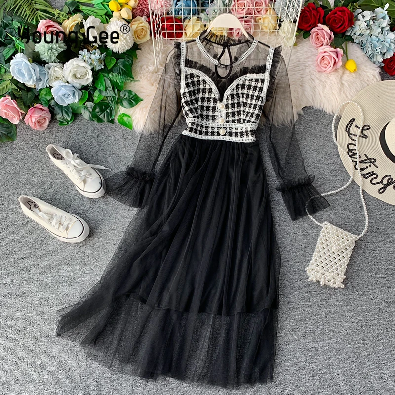 

YoungGee Autumn Spring Elegant Ladies Dress Flare Sleeve Plaid Tweed Lace Ruffles Patchwork Sheer Mesh Women Black Beige Dresses