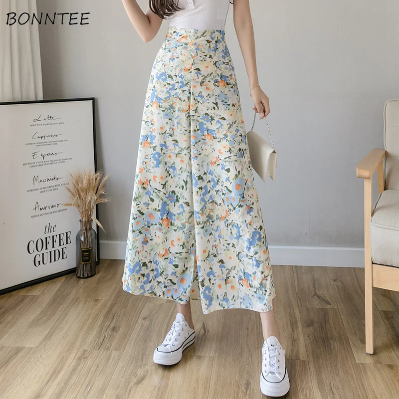 Summer Casual Women Printed Floral Loose Wide Leg Pants Ninth Chiffon Trousers