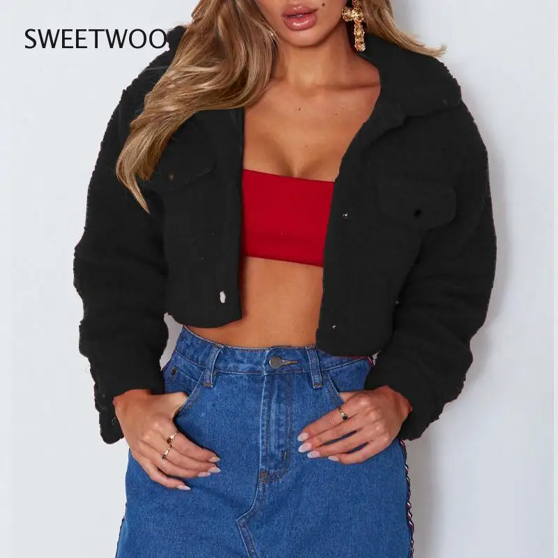 2021 Autumn and Winter Jacket Women's Fashion Thick Solid Color Lapel Long-Sleeved Sweater Plush Cardigan Short Coat