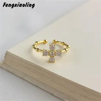 

Fengxiaoling Real 925 Sterling Silver Multiple Zircon Cross Open Rings For Women Simple Golden Vintage Ring Silver 925 Jewelry