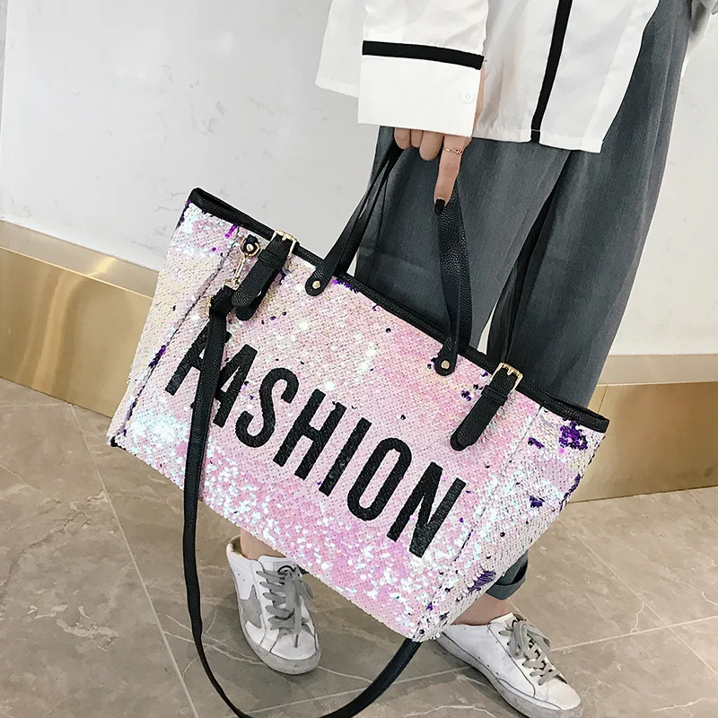 

Women Sequins Fashionable Portable Travel Bags Large Capacity Training Luggage Bag weekend duffel bag bolso mujer grande pink