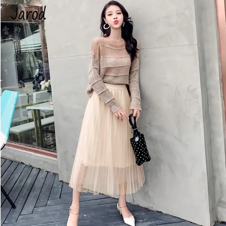 

New 2019 Autumn Women Fashion Elegant Two Piece set Loose Pullover Knitted Sweater+Mesh pleated Long Skirt Sets