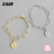 925 пробы серебряные геометрические звенья цепи фигурные браслеты с подвесками в форме монет для женщин дизайнерские ювелирные изделия Роскошные регулируемые браслеты