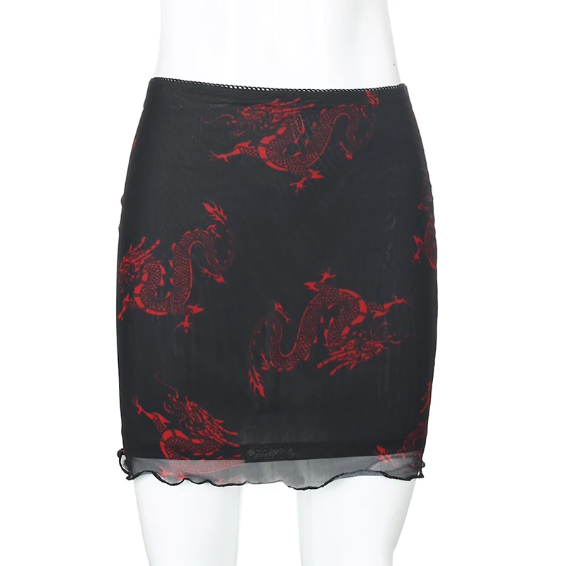 Darlingaga Chinese Style Dragon Print Summer Two Piece Set Women Mesh Sexy Matching Sets Strap Crop Top and Mini Skirt Suit 2020