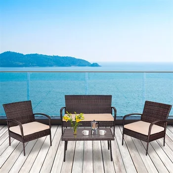 

4 pcs Table Sofa Furniture Set with Cushions PE Rattan Material Eco-friendly and Lightweight Coffee Set Assembly Needed