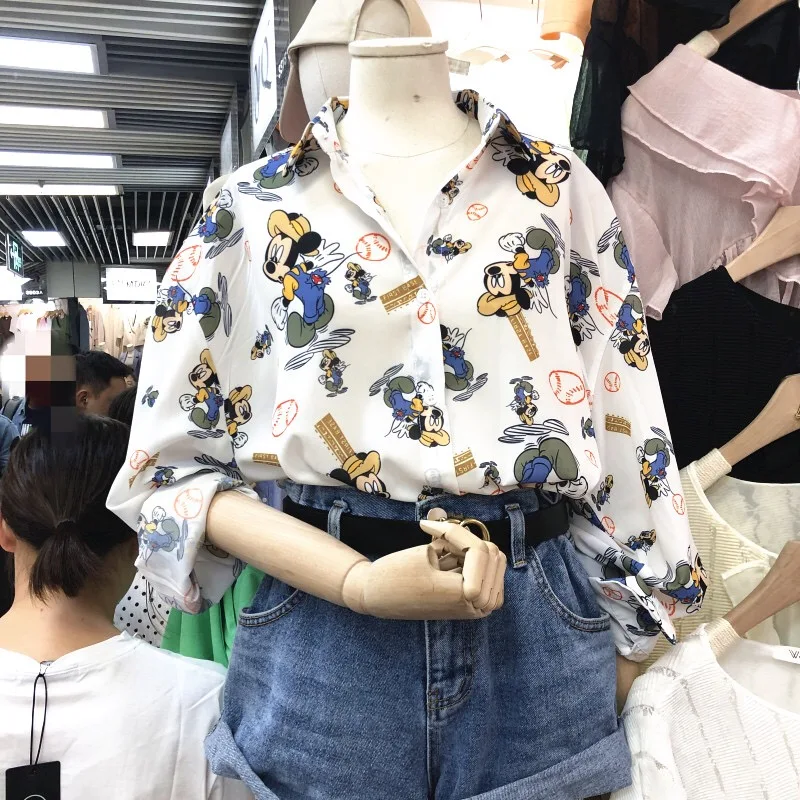 

Women Autumn Spring Mickey Cartoon Shirts Blouse Tops Printed Long Sleeve Casual Female Clothes White Shirt Cute Sunscreen Club