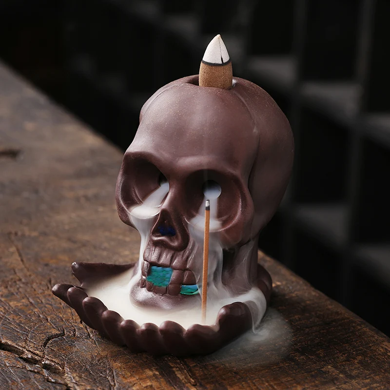 Handmade Purple Clay LED Light Skull Backflow Incense Burner Punk Home Decorations Incense Holder With Gift 20Pcs Incense Cones