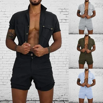 

New Men Overalls Casual Lapel Short Sleeve Rompers Solid Overall One-Piece Buttons Jumpsuit Pocket Summer Clothes Male Beach