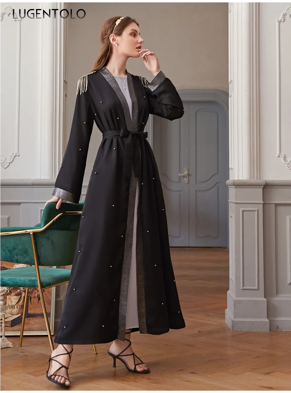 Lugentolo Elegant Women Vintage Dress Silver Silk Nail Bead Epaulettes Cardigan Fashion Muslim Black Abaya Simple Maxi Dresses