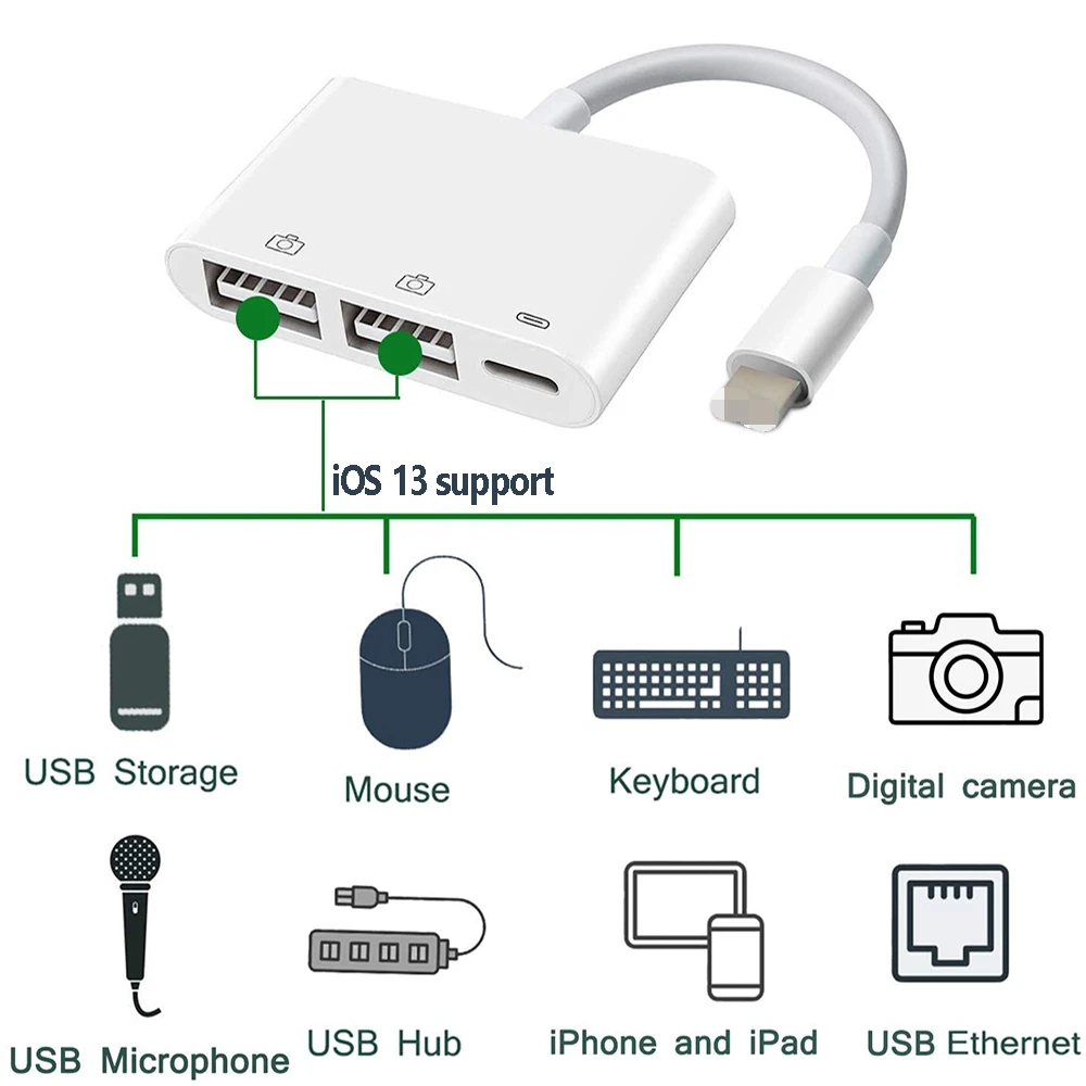 Reilim New OTG Double USB Adapter for iPhone 8 X iOS 14 USB camera U flash drive converter for lightning USB cable headphones