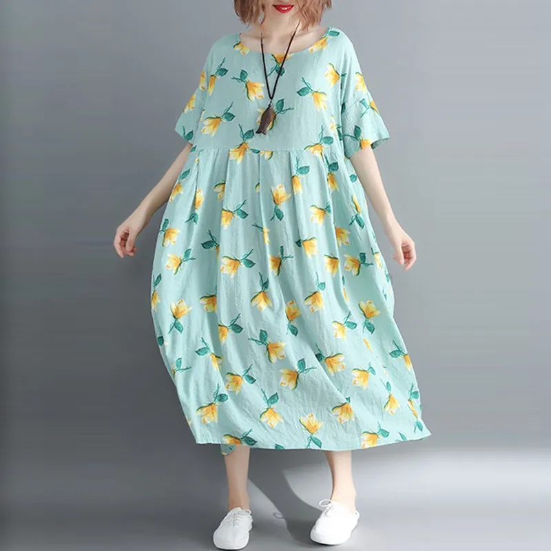 Mooie Vrouwen Casual O Hals Korte Mouwen Plus Size Kleding Mode Grote Schommel Losse Lange Jurk Bloemenprint Katoen Maxi jurk Mooie Vrouwen Casual O Hals Korte Mouwen Plus Size Kleding Mode Grote Schommel Losse Lange Jurk Bloemenprint Katoen Maxi jurk