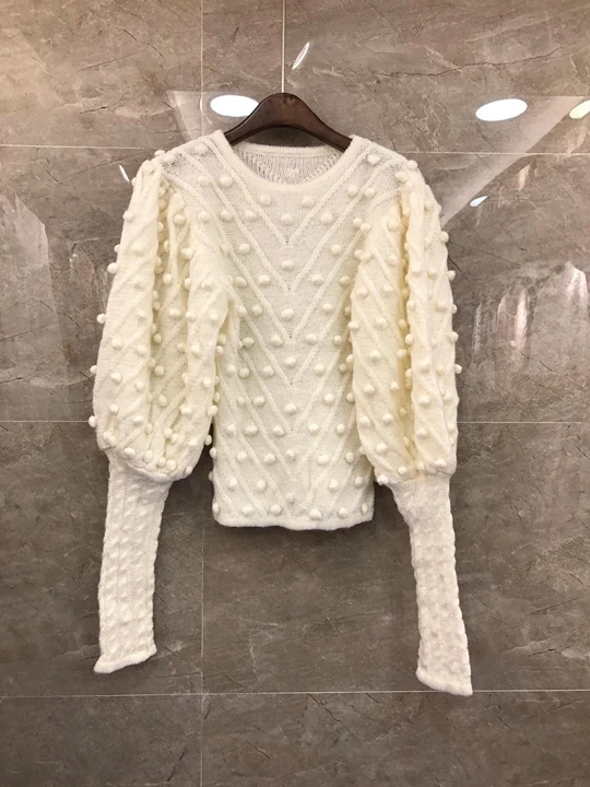 

2019 Early autumn new women's round collar wool ball stitching long sleeve sweater 818